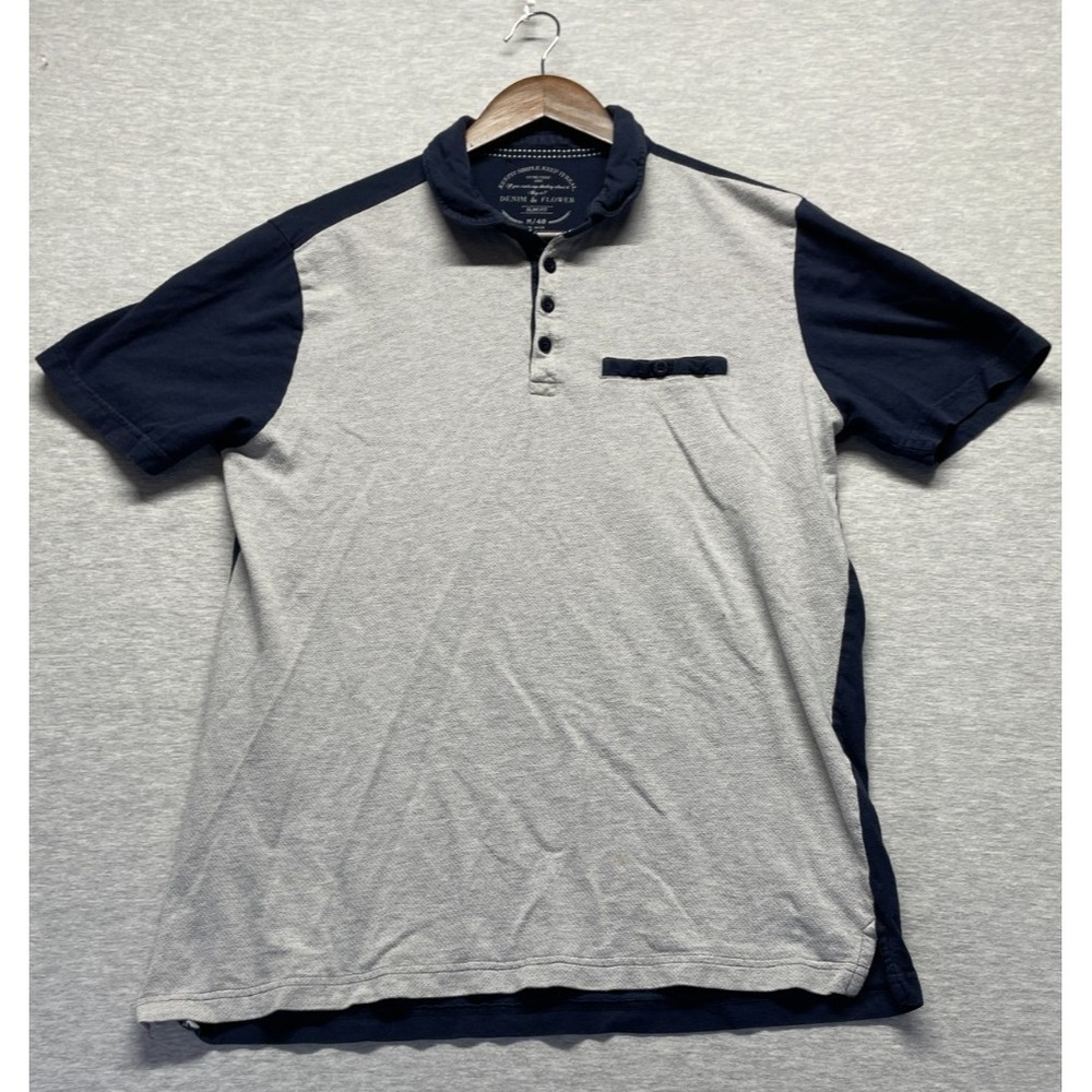 Denim & Flower Ricky Singh Polo Shirt Medium Navy Blue Gray Slim Fit Golf Tennis